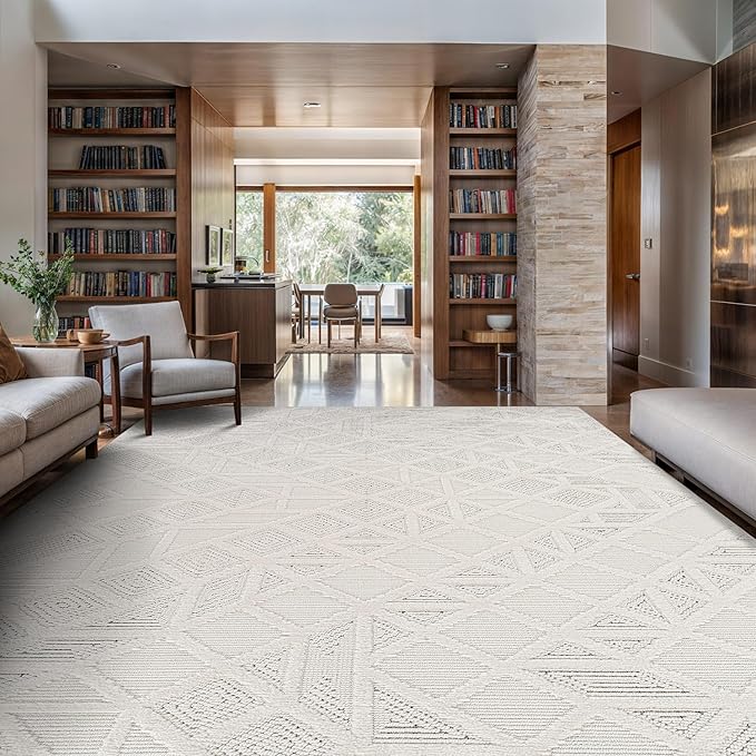 Modern Micro Loop Indoor Area Rugs for Living Room Bedroom Kitchen Geometric Square White 9x12 Luxury Durable Low and High Pile Non-Shedding Stain Resistant Soft Area Carpet 9 x 12