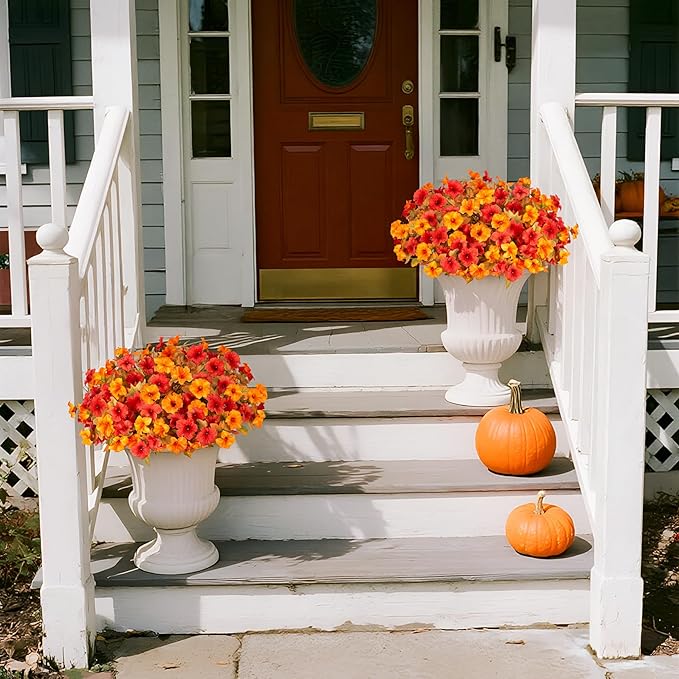 8 Pcs Fake Fall Flowers Artificial Petunias for Outdoor Decorations, Faux Fall Flowers for Outside UV Resistant Realistic Plants for Garden Porch Patio Indoor Autumn Decor(Orange Yellow)
