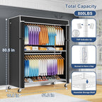 P8C Max Heavy Duty Clothes Rack（With Extended Width Design） Rolling Clothing Racks for Hanging Clothes with Lockable Wheels，51.2"W x 15.8"D x 80.5"H，Load 700LBS，White Rack with Black Cover