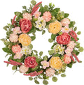 22 Inch Spring Summer Wreath for Front Door, Realistic Silk Peony & Hydrangea Wreath with Yellow Pink Flowers Grain Stems, Artificial Floral Wreath for Indoor Outdoor Porch Wall Farmhouse Decor