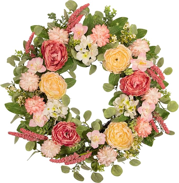 22 Inch Spring Summer Wreath for Front Door, Realistic Silk Peony & Hydrangea Wreath with Yellow Pink Flowers Grain Stems, Artificial Floral Wreath for Indoor Outdoor Porch Wall Farmhouse Decor