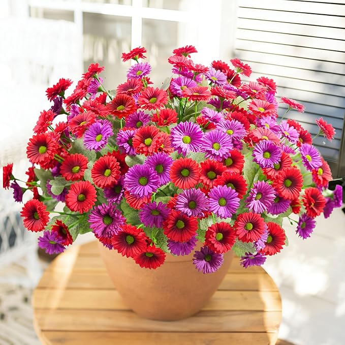 HyeFlora Artificial Flowers for Outdoors Spring Summer Decor, 6 Bundles Fake Daisy Silk Flowers for Outside Realistic UV Resistant Faux Plants for Outdoor Planters Porch Porch Patio Balcony Yard Home