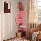 Modern Corner Shelf, 5 Tier High Corner Shelf, Fits Small Spaces, Scalloped Corner Bookcase with Storage Space, Wooden Display Stand for Plants, Books and Decorations, Assorted Colors and Sizes (Pink)