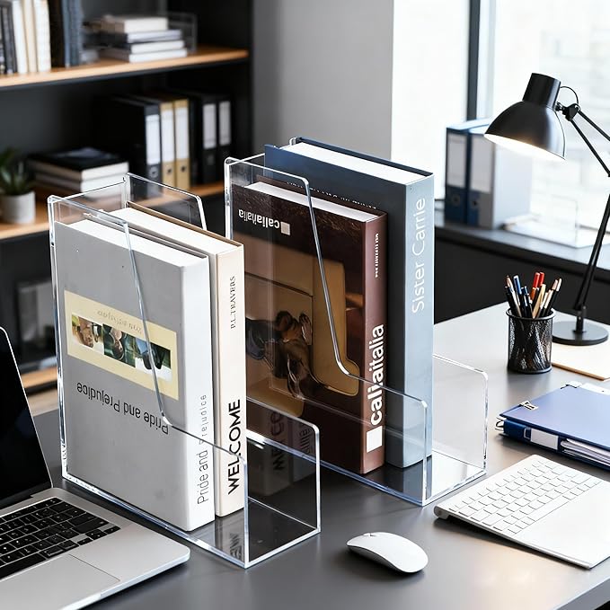 HeiMma 2 Pack Clear Acrylic Magazine File Holder, Single Slim Vertical Magazine File Organizer for Desk, Lucite Plastic Hold Magazines, Files, Books,Folder, Notebooks, Binders, for Home Office School