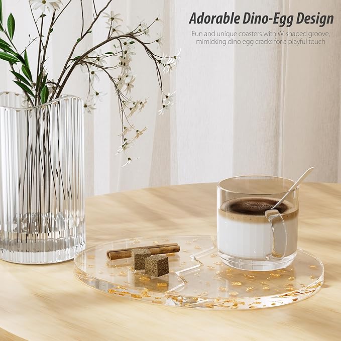Acrylic Coaster Decorative Plates,2Pcs/Set Office Desk Accessories, Clear Dinosaur Egg Shape Coffee Cup Decor, Perfect for Tabletop Protection and Display.（Gold）