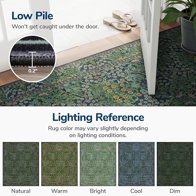 Lessymo Floral Forest Green 3x5 Area Rugs for Entryway, Kitchen, Bedroom Beside Rug Soft Non-Slip Small Carpet for Living Room, Laundry Room, Vintage Distressed Boho Flower Print