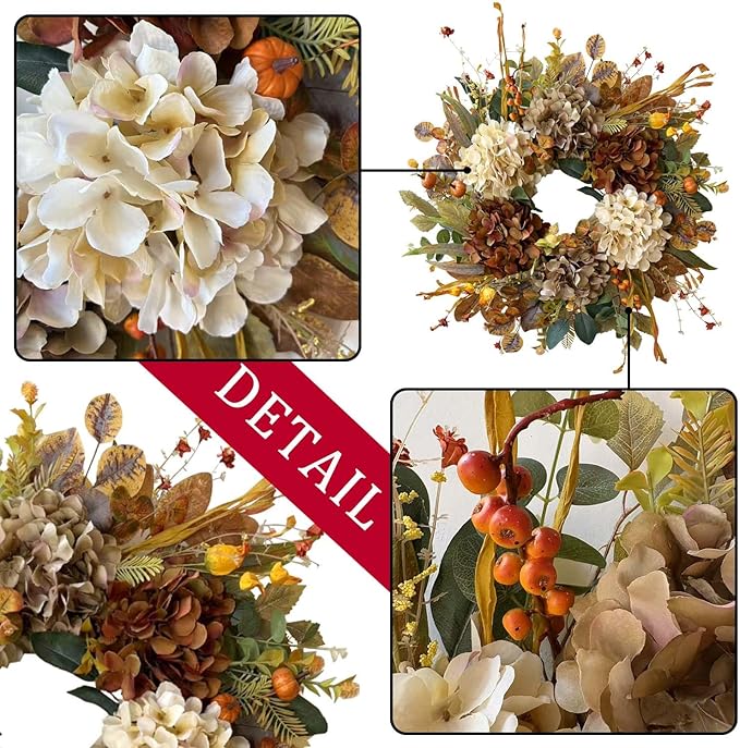 WANNA-CUL 24 Inch Fall Spring Wreaths for Front Door with Hydrangea,Little Pumpkins-Fall Decorations for Home,Fall Door Wreath Decor for Summer,Autumn,Harvest, Halloween or Thanksgiving