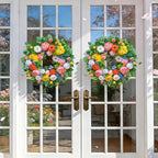 Pinkpuii Spring Wreaths for Front Door 24 Inch Vibrant Spring Summer Wreath with Peonies,Roses,Marigolds,Blueberries & Realistic Fruit Accents (Peach, Lemon)- Ideal for Porch,Entryway,Wall,Window