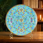 KAMMAK Decorative Plates Set for Display, Blue Ceramic Plate Decor with Stand, Handmade Vintage Porcelain Ornament for Table, Living Room, Kitchen, Office, Perfect Chinese Style Dish Gift (8in+10in)