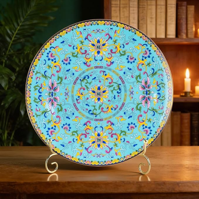 KAMMAK Decorative Plates Set for Display, Blue Ceramic Plate Decor with Stand, Handmade Vintage Porcelain Ornament for Table, Living Room, Kitchen, Office, Perfect Chinese Style Dish Gift (8in+10in)