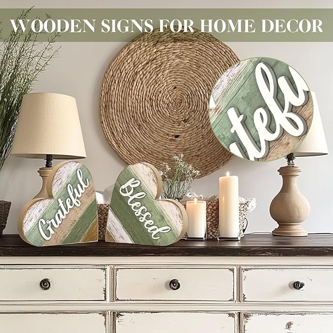 Jetec 2 Pcs Rustic Decorations for Living Room Home Shelf Mantel Entryway Table, Farmhouse Knick Knacks Christian Table Centerpiece Wooden Heart Decor for Dining Room Housewarming Gift(Blessed Style)