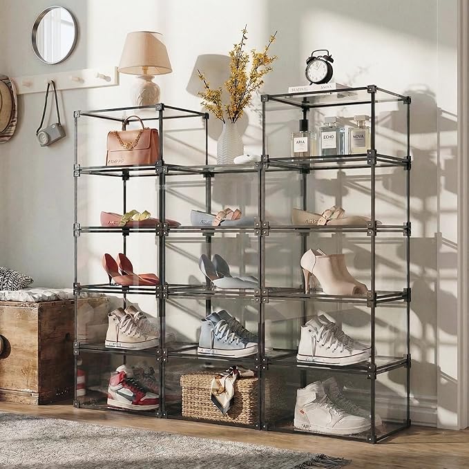 Magnetic Side Open Transparent Plastic Storage Shoe Box Clear Shoe Display Case Sneaker Shoe Storage Box Display Box Shoe Container Clear Closet Shelf Shoe Organizer (Black 4PC)