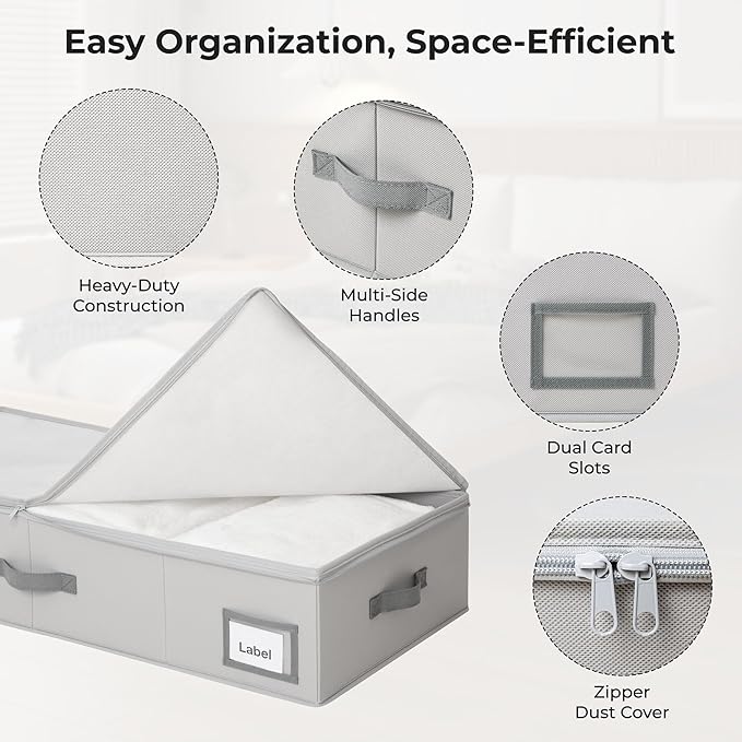 GRANNY SAYS 7.5" Foldable Underbed Storage Box with Lid, 82L Large Under Bed Storage Containers with Reinforced Bottom for Comforters & Blankets, High Capacity Seasonal Bedding Organizer, 2 Pack,Grey
