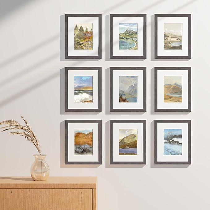 Vittanly 8x10 Picture Frames Set of 9, Shatter Resistant Plexiglass, Display 5x7 Pictures with Mat or 8x10 without Mat, Photo Frames for Wall or Tabletop, Engineered Wood, Dark Grey