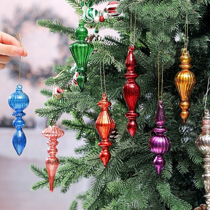 Mifoci 8 Pcs 6 Inch Mercury Glass Finial Christmas Ornaments Hanging Christmas Finials Glass Ornaments Assorted Mercury Decor for Vintage Holiday Xmas Tree Decoration(Mixed Color)