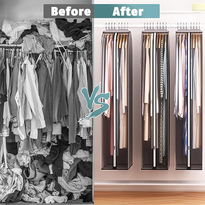 10" Gusseted Garment Bags for Hanging Clothes 40" Suit Bags for Open Closet Storage, Side Clear Clothing Cover for Coat, Dress, Jacket, Shirt, Fur Wardrobe Protector, 3 Packs, Grey