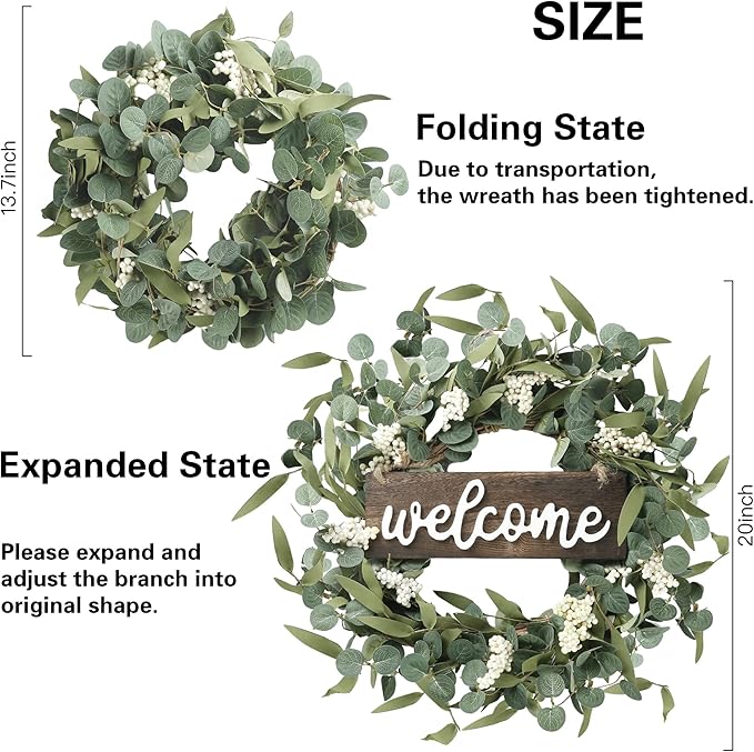 Sggvecsy Green Eucalyptus Wreath with Welcome Sign 20in Artificial Spring Summer White Berries for Front Door Wall Window Festival Farmhouse Porch Patio Garden Decor, White,green