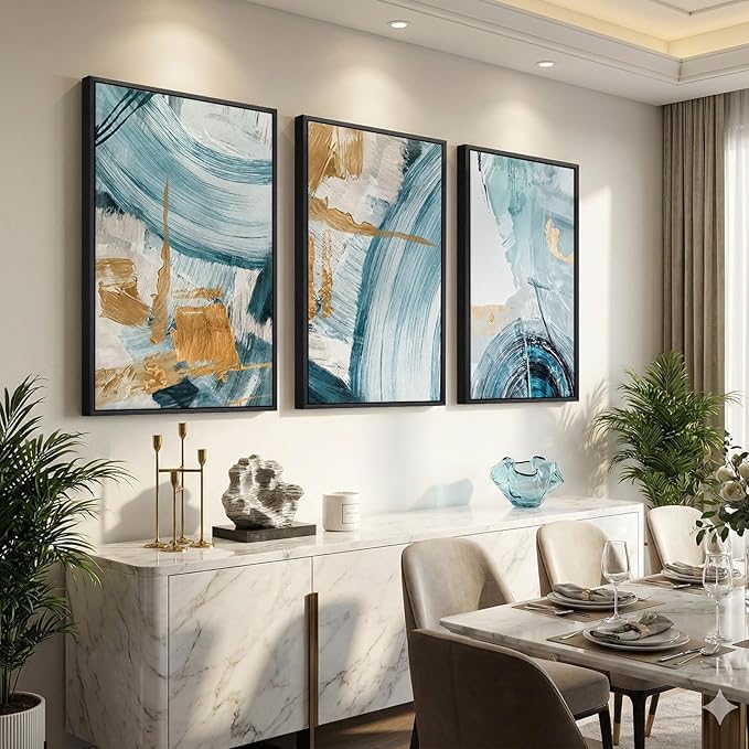 Large Framed Blue and Gold Abstract Wall Art for Living Room, 3 Piece Modern Canvas Prints Paintings Artwork for Walls, Minimalist Elegant Pictures for Dining Bedroom Hallway Lounge Wall Decor 24x36 In
