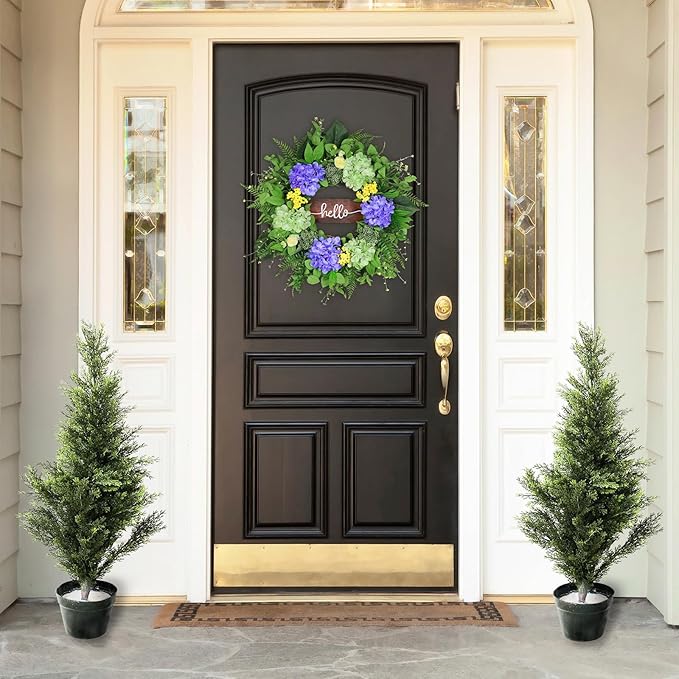 24” Spring Summer Wreaths for Front Door, Greenery Front Door Wreath with Hello Sign for Indoor Outdoor Porch Window Wall, Artificial Floral Wreath with Hydrangeas Berries for Home Decor
