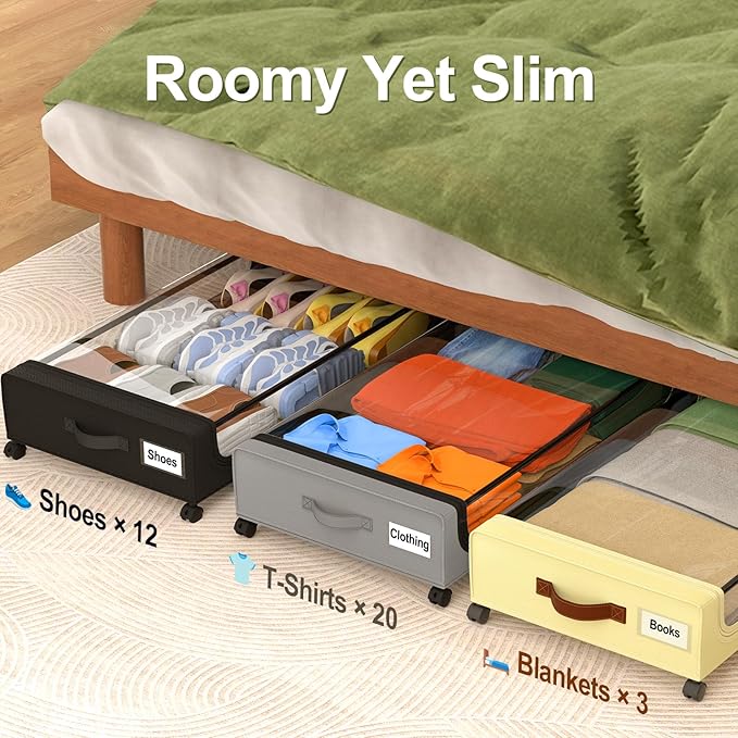 GoMaihe Under Bed Storage with Wheels:48L Underbed Storage Containers with Lids - Rolling Bins for Shoes Clothes in Dorm Bedroom - Metal Drawers Easy Pull-out Beige 4-Pack