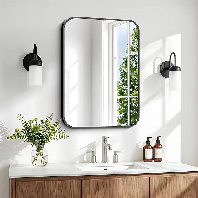 BONEWEI 16x20 inch Bathroom Mirror,Black Rectangle Mirror,Wall Mounted Bathroom Frame Vanity Mirror with Round Corner for Bedroom Living Room,Entryway Hangs Horizontal or Vertical