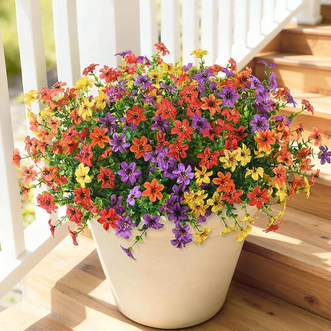 Artificial Flowers for Outdoors, 12 Bundles Multicolor Faux Silk Flower Spring Summer Decoration, Artificial Plants Fake Outdoor Flowers UV Resistant No Fade for Home Planter Porch Patio Yard Decor