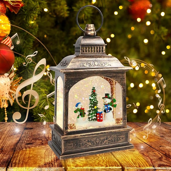 Christmas Snowman Snow Globe, Snowman Musical Lantern with 6 Hour Timer USB Lined/Battery Operated Retro Style Holiday Glitter Globe for Xmas Indoor Decoration and Santa Gifts