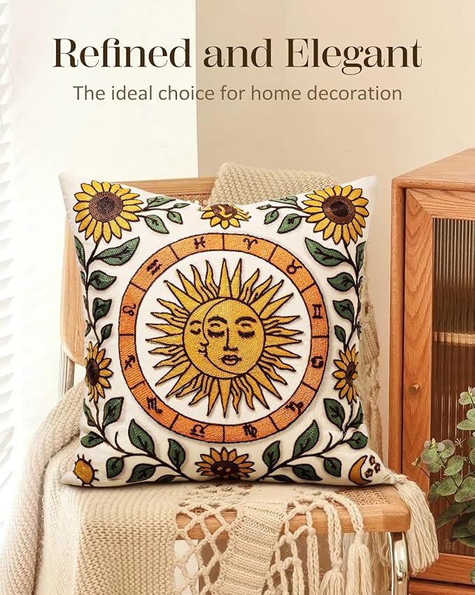 Embroidered Throw Pillow Cover 18x18 Inch - Spring Summer Boho Decorative Pillow Cover with Zipper for Living Room Couch Sofa Bed Aesthetic Design Sunflower Moon Cushion Pillowcase