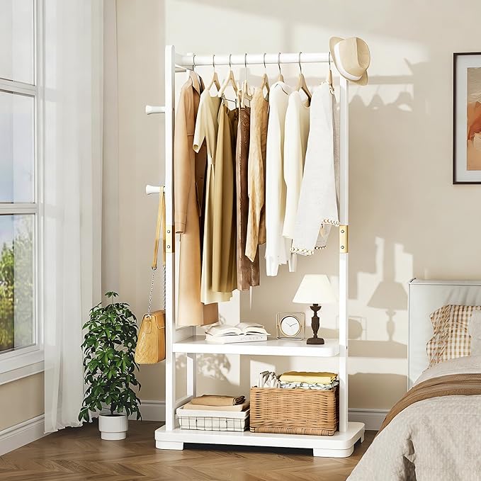 Solid Wood Clothes Rack with 2 Shelves & 4 Hooks for Hanging Clothes Garment Wallets Hats, White Clothing Rack Heavy Duty Coat Rack Freestanding with Storage Hall Tree for Hallway Bedroom Living Room