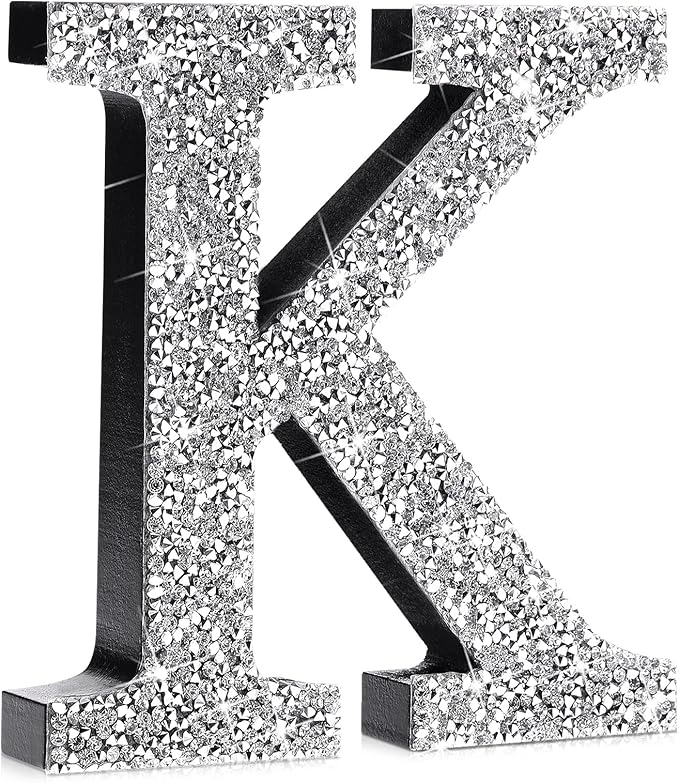 Qunclay 12'' Silver Crystal Diamond Bling Letters Crushed Diamond Decoration Wooden Glitter Letter with Screw and Hooks Rhinestone Gift for Wedding Y2k Mcbling Bedroom Wall Decor (Letter K)