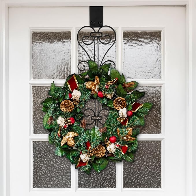 Kathfly 2 Pack 17 Inch Wreath Door Hanger Front Door Metal Bow Hanging Hook Adjustable Hook Length for Garden Spring Wreath Porch Decor Christmas Valentine's Day Decorations(Black)