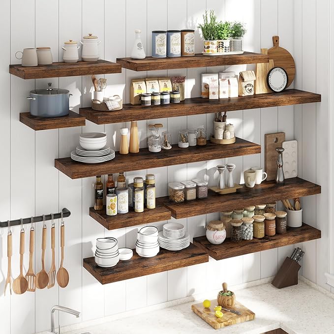 55 Inch Long Floating Shelves for Wall 2 Pack, 12"D Wood Grain Bathroom Shelves with Invisible Brackets, Easy Install Engineered Wood Storage Shelves for Kitchen, Living Room, Bedroom, Rustic Brown