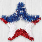 VeriNatural 4th of July Decorations - 19.5in Patriotic Red White and Blue Star Wreath - Independence Day Tinsel Wreath for Indoor Outdoor,Golf Cart, Party,Door and Wall Hanging Decor