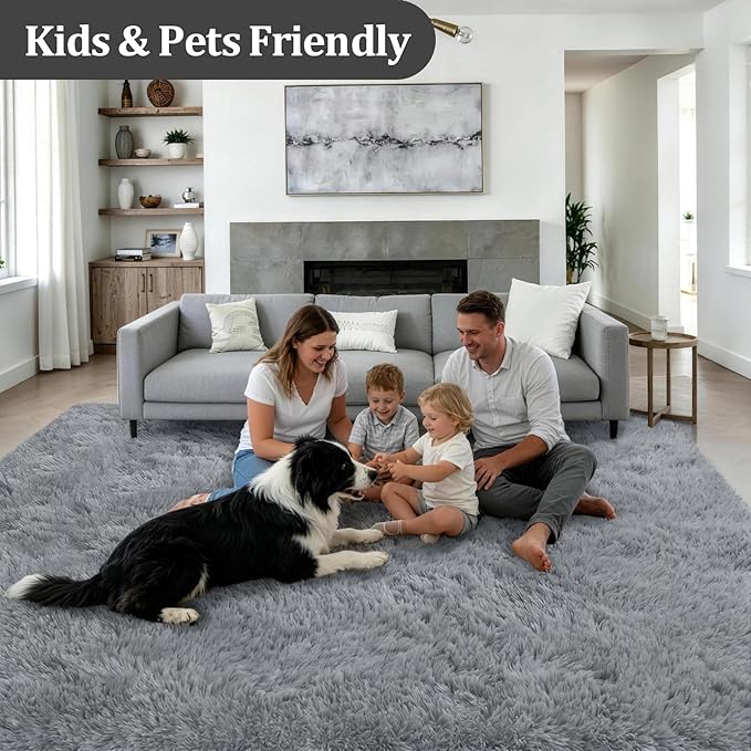 6x9 Area Rugs for Living Room Bedroom: Ultra Soft Fluffy Shag Rug Upgrade Non-Slip Non-Shedding Large Fuzzy Plush Carpet Indoor Floor Carpets for Kids Room Playroom Nursery Dorms Home Decor Light Gray