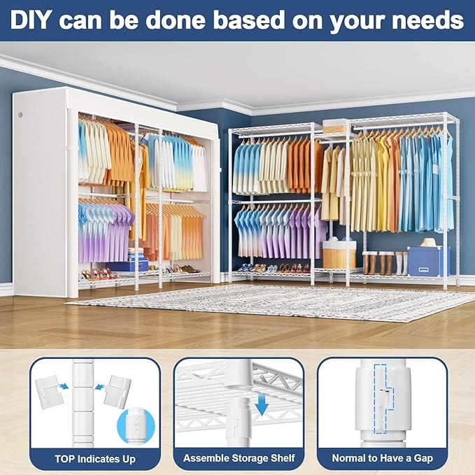 Ulif E12C Max Heavy Duty Closet Organizer System，Freestanding Clothing Rack, Adjustable Garment Rack 83" W x 16" D x 76.5" H Holds 1060 lbs, White Clothing Rack with White Dustproof Cover