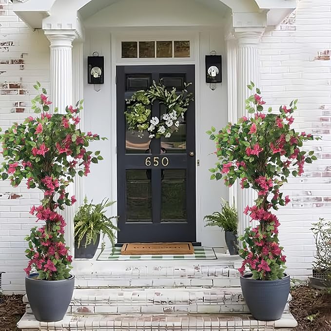 Bougainvillea Artificial Tree with Flowers (5.4FT-65 Inch) UV- Resistance Faux Blooming Flower Outdoor/Indoor Tree Front Porch Plants, Home, Office, Living Room Decor