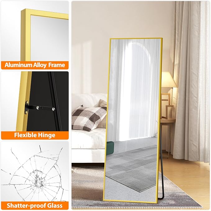 TRAHOME Standing Mirror Full Length Mirror,15" x 56" Large Floor Mirror with Aluminium Frame for Door Bedroom Bathroom Living Room(Gold)