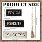 Yuntau 4 Pcs Motivational Desk Decor Wooden Office Decor Inspirational Tiered Tray Decoration Rustic Retro Wood Bead Garland Focus Execute Success Block Sign Farmhouse Centerpiece for Home Shelf