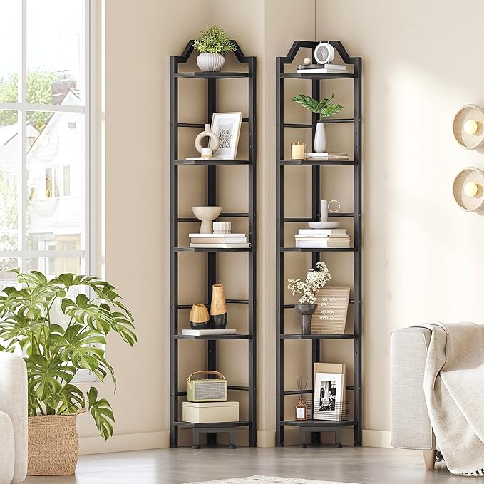 HOOBRO Narrow Corner Shelf Stand, 5-Tier Corner Shelf, 63” Tall Multipurpose Corner Bookshelf, Standing Display Shelf Plant Stand, for Living Room, Study, Kitchen, Black BB100CJ01