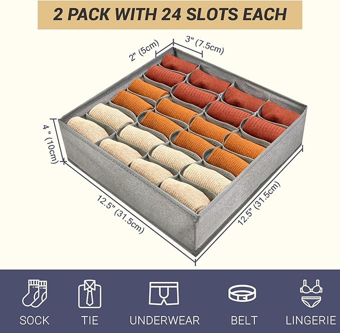 2 Pack 48-Cell Fabric Sock Organizer and Tie Organizer For Men - Fabric Foldable Drawer Divider for Socks, Underwear, Ties and Belts - Foldable, Multi-Cell Design, Space-Saving (Grey)