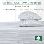 California Design Den Printed Striped Cal King Sheet Set - 600 Thread Count, 100% Cotton Sateen, Premium Deep Pocket California King Sheets - Classic Blue Stripe Print