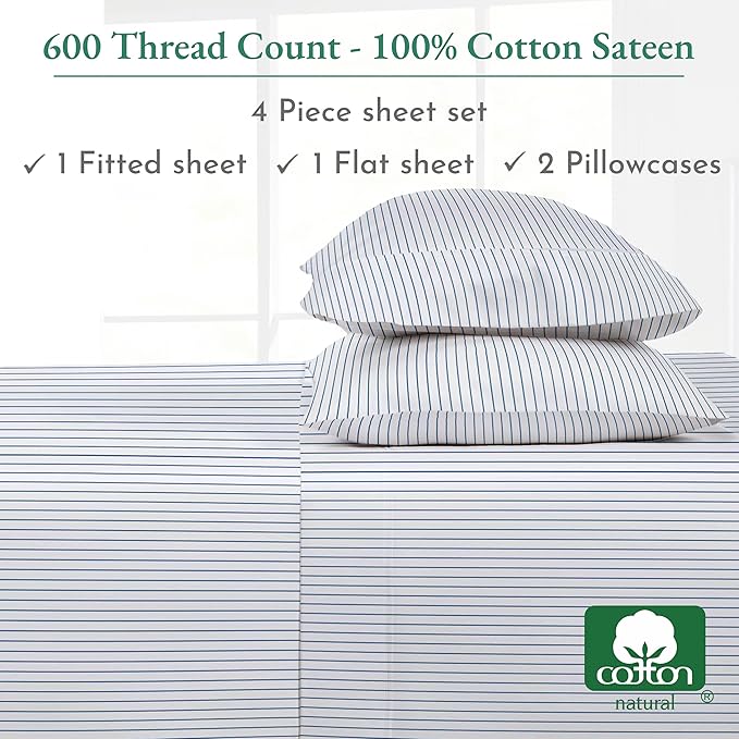 California Design Den Printed Striped Bed Sheets Full Size Set - 600 Thread Count, 100% Cotton Sateen, Premium Deep Pocket Full Sheet Set - Classic Blue Stripe Print