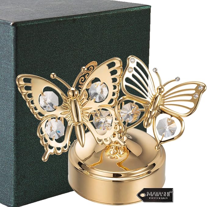 Matashi Crystal Studded 24K Gold Plated Double Butterfly Music Box Figurine – Plays "Memory" – Elegant Tabletop Showpiece for Living Room Decor – Keepsake Gift for Women, Mom, Wife, Birthday