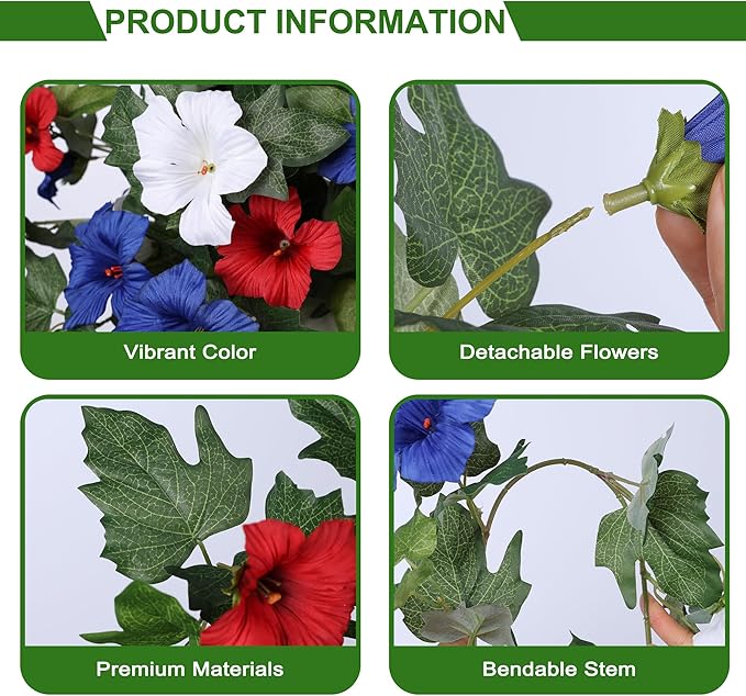 HyeFlora Artificial Flowers for Outdoors 2PCS Spring Faux Morning Glory Look Real Silk Flowers for Outside Planter UV Resistant Fake Flowers for Home Garden Balcony Yard Porch Deco (RedBlueWhite)