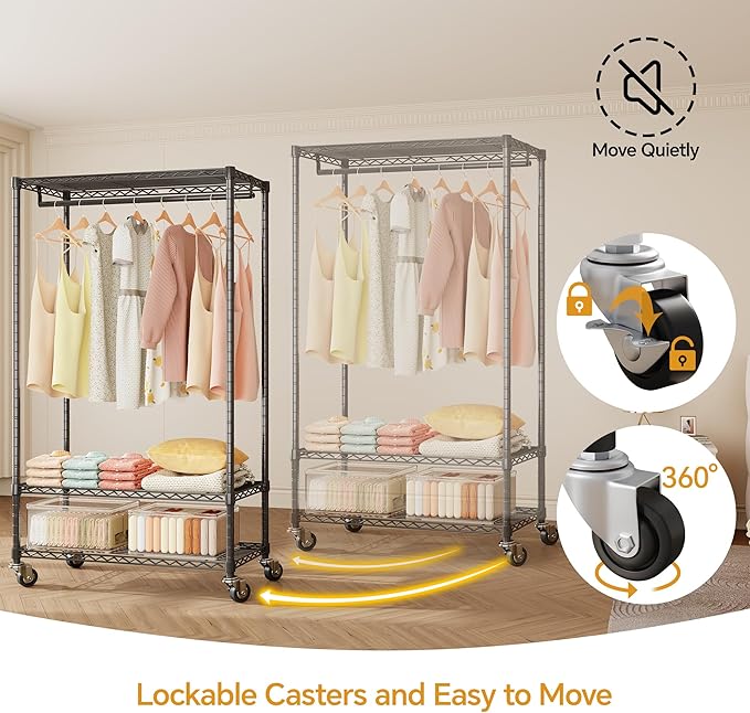 H4 Plus Rolling Clothes Rack with Cover, Heavy Duty Garment Rack, Wardrobe Closet with Wheels, Portable Closets for Hanging Clothes, Closet Organizer Storage, Black Rack with Grey Cover