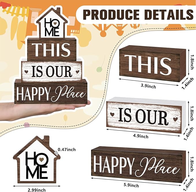 Cinnvoice 4 Pcs Farmhouse Tabletop Decor Rustic Family Blessed Home Table Centerpiece This Is Us Sign for Kitchen Shelf Desk Fireplace Mantel Tiered Tray Decor(Home This is Our Happy Place)