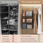 Sonyabecca 3-Tier Extra Large Closet Hanging Organizer with Dividers, Clothes Hanging Shelves with 2 Hanging Hooks & 5 S-Hooks, Wire Storage Baskets for Sweaters, Shoes, Handbags & Accessories