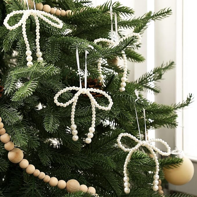 VioraWhite 24 Pcs Pearl Bow Ornaments Bowknot Tree Topper Decor Hanging Ornament Pendant Gift for Wedding Birthday Party Indoor Decoration (White)