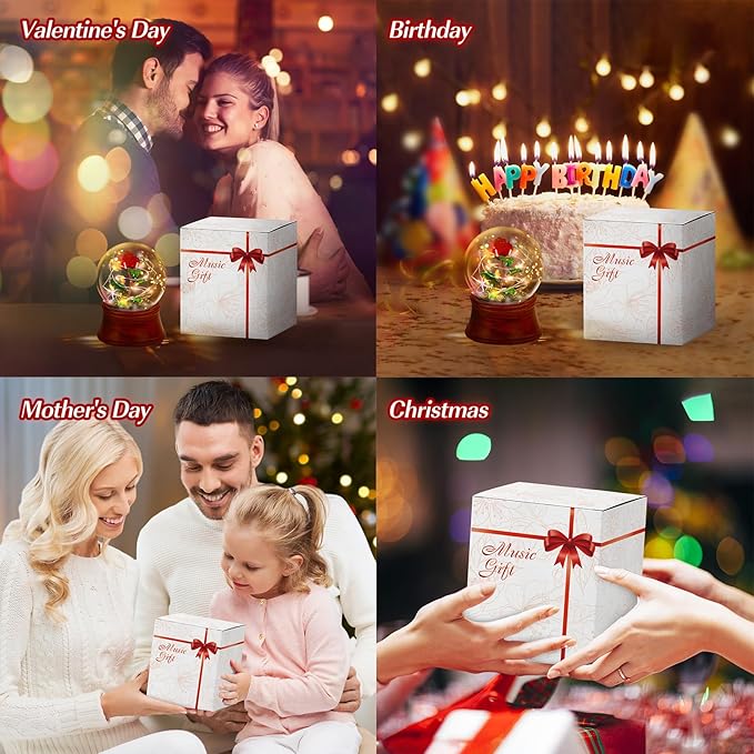 Rose Snow Globe Music Box, Preserved Red Rose Flower Musical Snow Globes, LED Light Up Rose Snowglobe Water Globe Romantic Gift for Women Girls in Mother's Day, Anniversary, Christmas