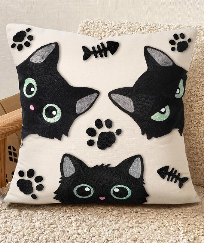 Embroidered Throw Pillow Cover 18x18 Inch - Spring Summer Boho Decorative Pillow Cover with Zipper for Living Room Couch Sofa Bed Aesthetic Design Three Cat Bone Cushion Pillowcase